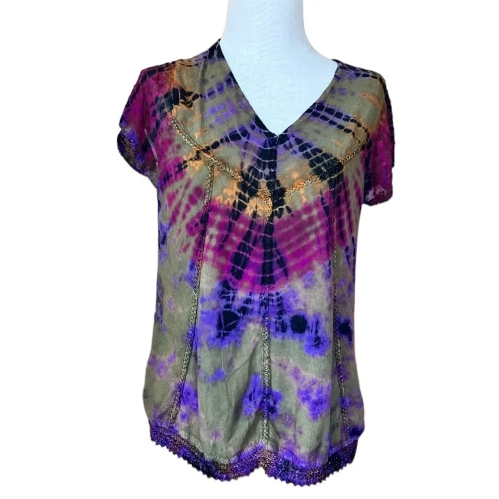 Advance Apparels Medium Vibrant Tie Dye Blouse Crochet Artsy Colorful - Picture 2 of 9